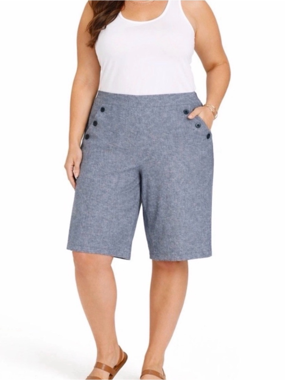 Lane Bryant Crop Pants Sz 18 NWT $59 Blue Linen Blend Button Detail Boho Coastal